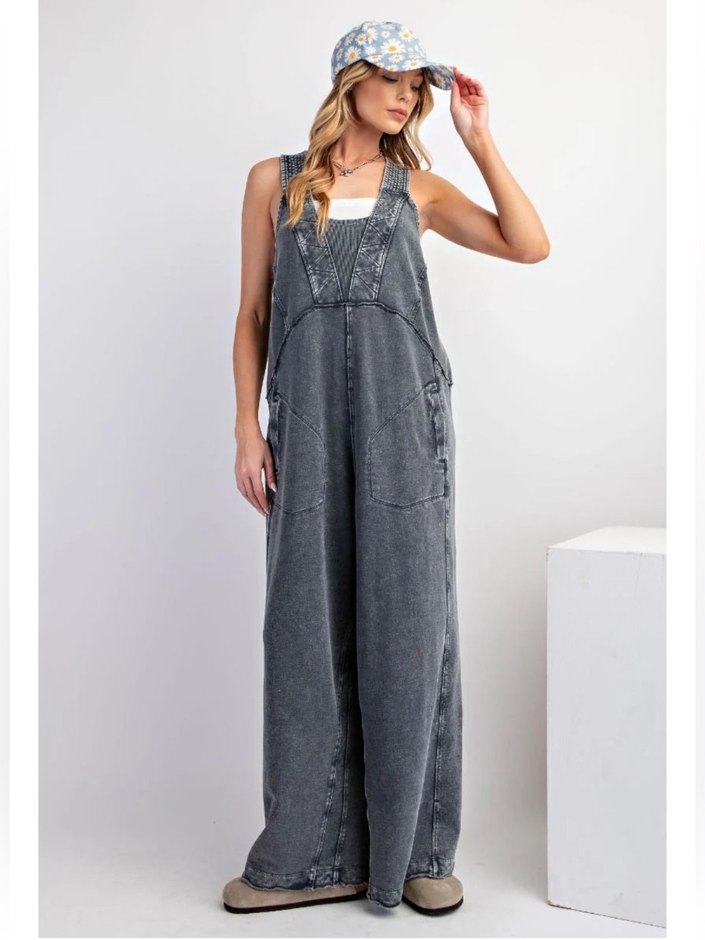 New:Easel Boho Mineral Washed Terry Knit Cotton Wide Leg Jumper Jumpsuit•Medium